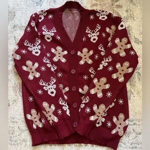 Festive Red Cardigan with Gingerbread and Reindeer
